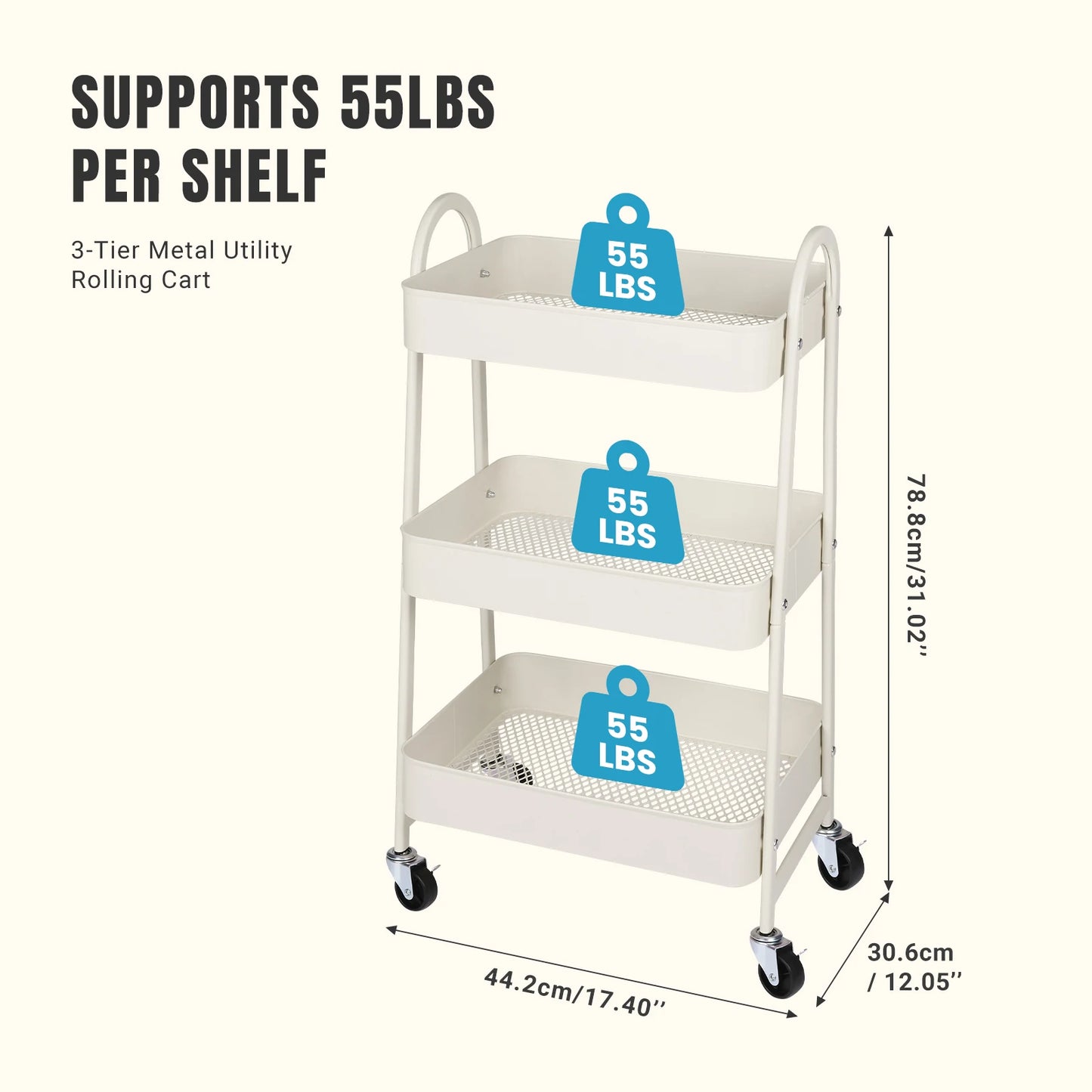 JHK 3-Tier Metal Kitchen Storage Cart with Lockable Wheels – Mobile Rolling Shelving Unit Organizer