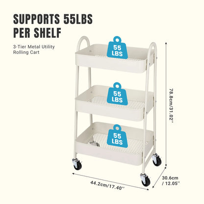 JHK 3-Tier Metal Kitchen Storage Cart with Lockable Wheels – Mobile Rolling Shelving Unit Organizer