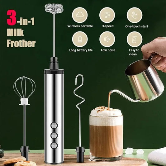 3 in 1 Electric Handheld Milk Frother 3 Adjustable Speeds Mini Hand Mixer Detachable Stainless Steel Whisk Home Kitchen Use Tool