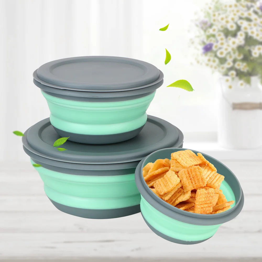 Folding Lunch Box Bowl Sets Silicone 3Pcs/Set Food Container Tableware Set Foldable Salad Bowl with Lid Portable