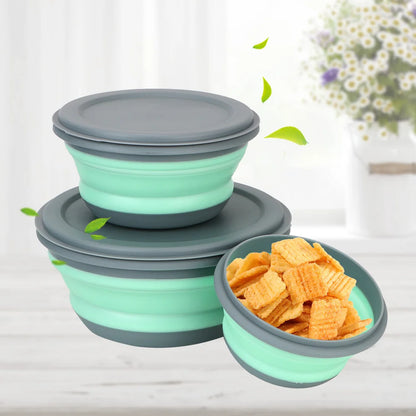 Folding Lunch Box Bowl Sets Silicone 3Pcs/Set Food Container Tableware Set Foldable Salad Bowl with Lid Portable
