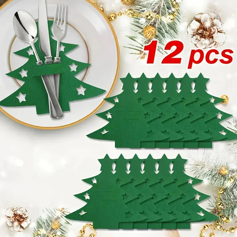 12Pcs Christmas Tree Shaped Felt Cutlery Mats With Stars Decor Durable For Home Christmas Festive Party Table Decor Accessories