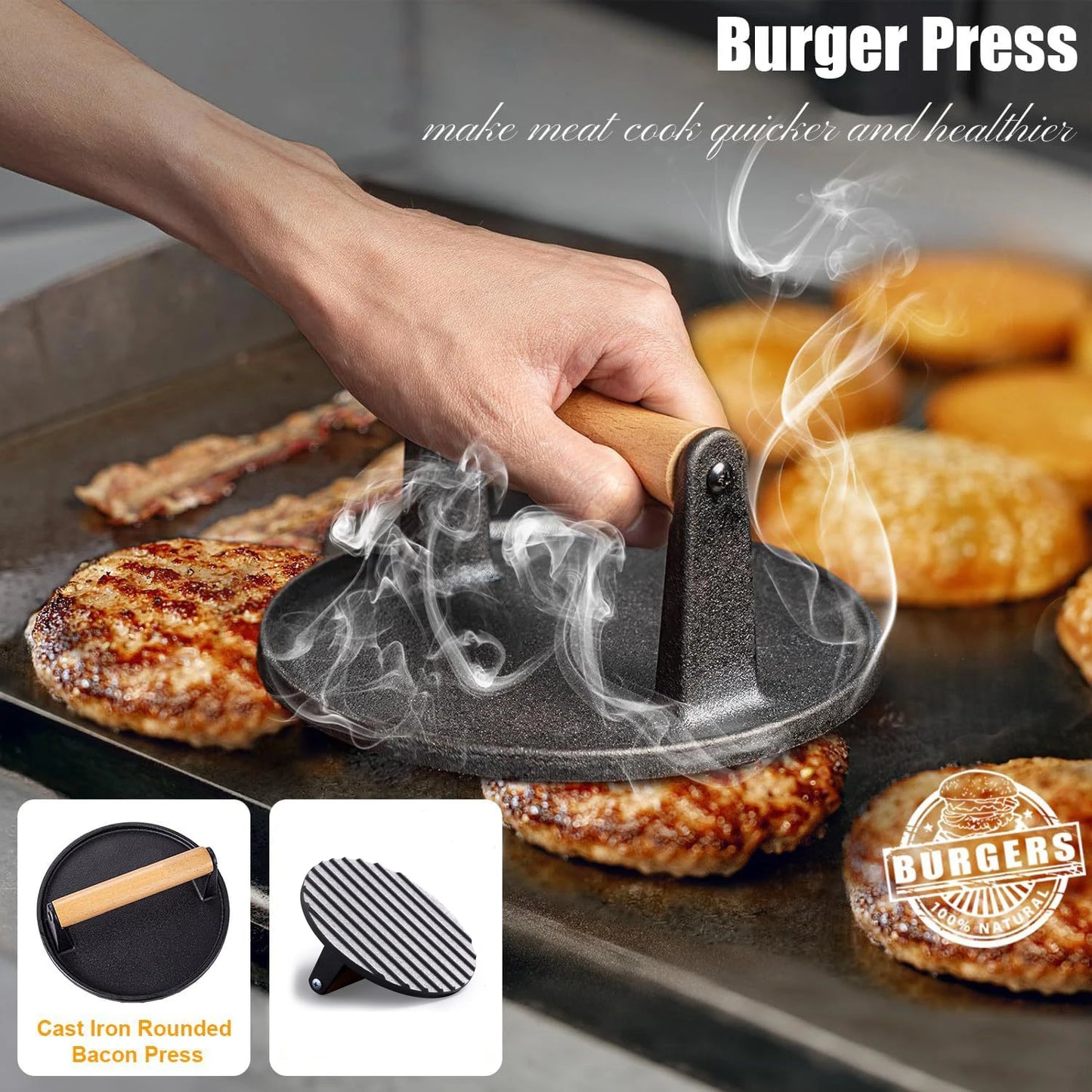 Kitchenley Heavy-Duty Cast Iron Steak & Burger Press – Round & Rectangular Meat Press with Handle for Outdoor Grilling