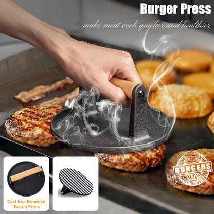 Kitchenley Heavy-Duty Cast Iron Steak & Burger Press – Round & Rectangular Meat Press with Handle for Outdoor Grilling