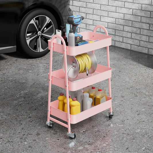 JHK 3-Tier Metal Kitchen Storage Cart with Lockable Wheels – Mobile Rolling Shelving Unit Organizer