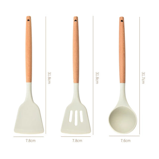 Silicone Kitchen Tools Wooden Handle Kitchenware Set Non stick Pot Wooden Handle Silicone Scoop Kitchen Utensils Set