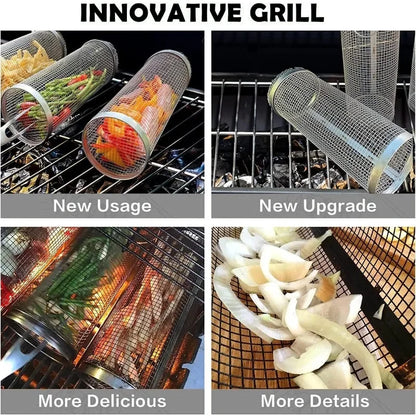 Rolling BBQ Grill Basket – Cylinder Barbecue Cage & Grilling Basket for Outdoor Camping