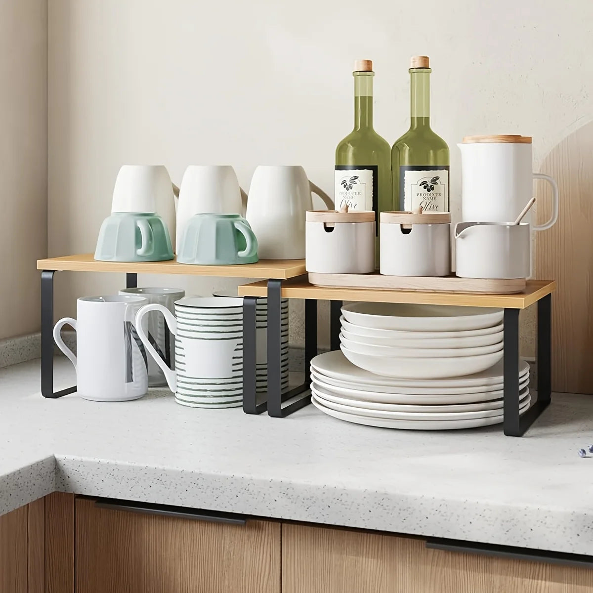 Stackable Expandable Kitchen Counter Shelves & Spice Rack – Cabinet Organizer Set of 2