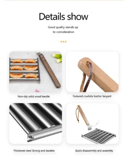 Hot Dog Roller Rack, Stainless Steel Outdoors BBQ Sausage Grill Pan With Long Wood Handle,New Barbecue Tools