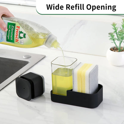 Dish Soap Dispenser Set with Sponge Holder for Kitchen Sink 15oz Clear Bottle with Black Rust Proof Pump Dish Liquid Dispenser