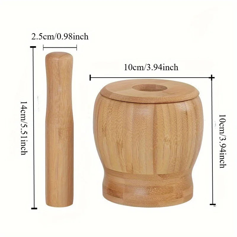 1Set Premium Bamboo Garlic Mortar and Pestle-Effortless Spice Grinder for Garlic,Herbs, and Chili - Rust-resistant Kitchen Tool