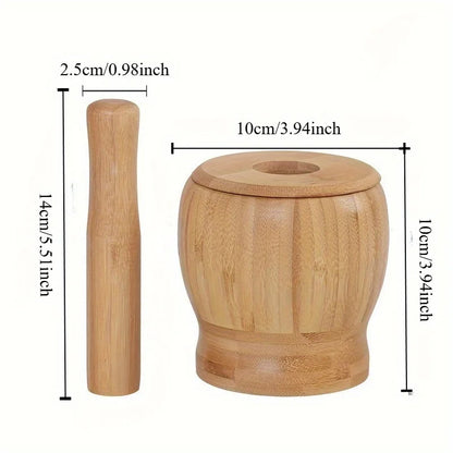 1Set Premium Bamboo Garlic Mortar and Pestle-Effortless Spice Grinder for Garlic,Herbs, and Chili - Rust-resistant Kitchen Tool