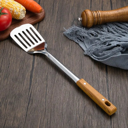 1pc Stainless Steel Imitation Wood Grain Handle Spatula Leaky Shovel Spoon 5 Tools for Kitchen Light for Cooking Kitchen Tools