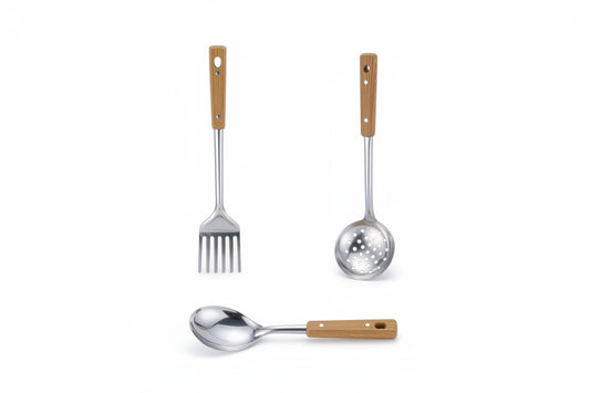 5-Piece Stainless Steel Kitchen Tool Set with Wood Grain Handles – Spatula, Slotted Spoon & More