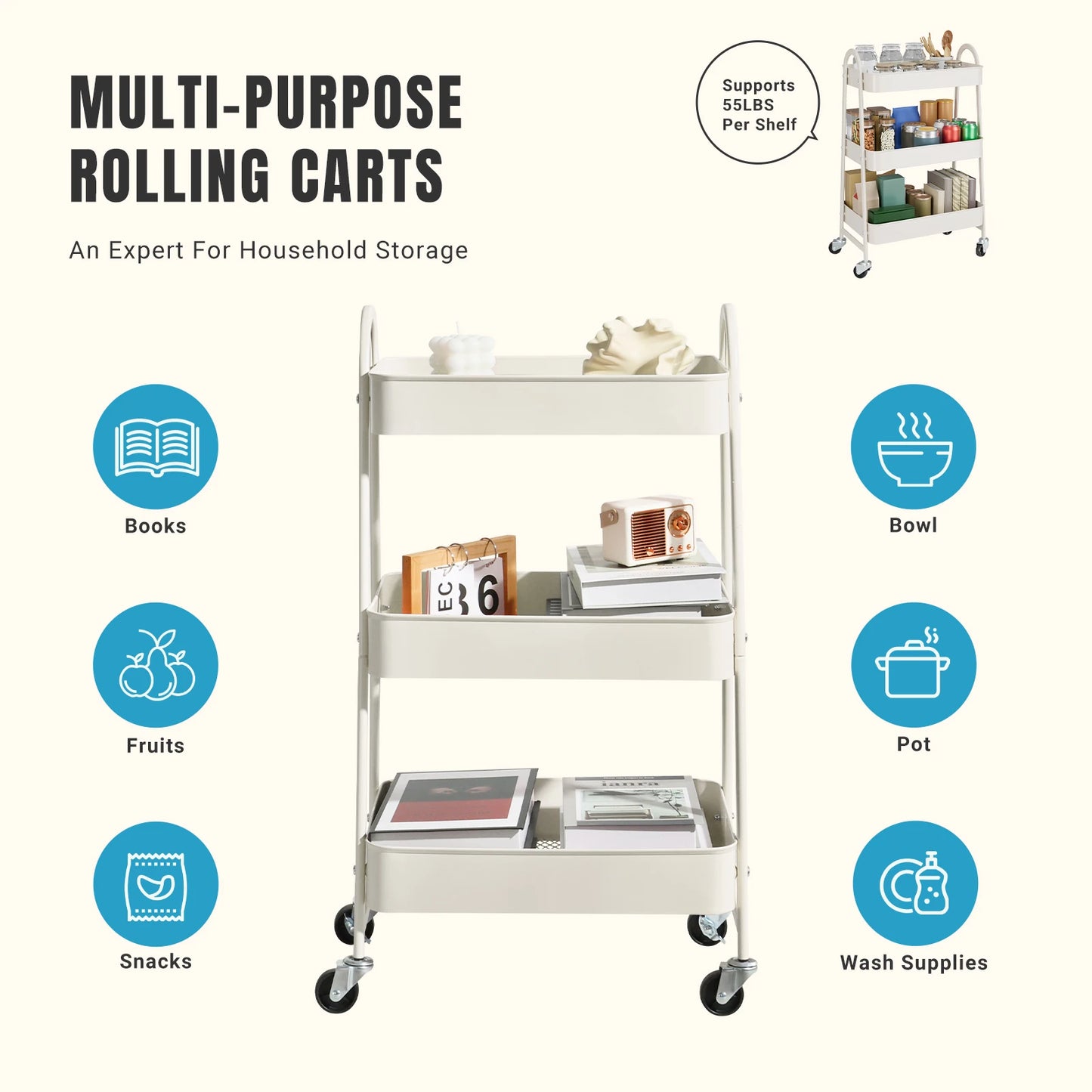 JHK 3-Tier Metal Kitchen Storage Cart with Lockable Wheels – Mobile Rolling Shelving Unit Organizer