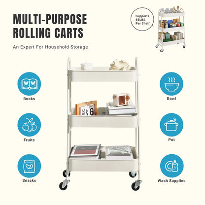 JHK 3-Tier Metal Kitchen Storage Cart with Lockable Wheels – Mobile Rolling Shelving Unit Organizer