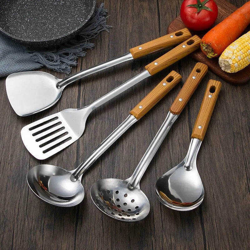 1pc Stainless Steel Imitation Wood Grain Handle Spatula Leaky Shovel Spoon 5 Tools for Kitchen Light for Cooking Kitchen Tools