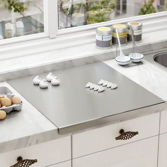 L-Shaped Folding Stainless Steel Chopping Board – Double-Sided Fruit Cutting & Kneading Panel