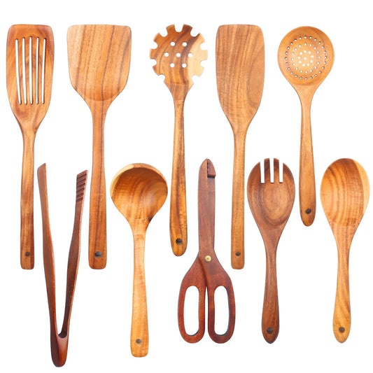 Smooth Teak Wooden Cooking Spoons Set – Non-Stick Kitchen Utensils (1-10 Pcs)