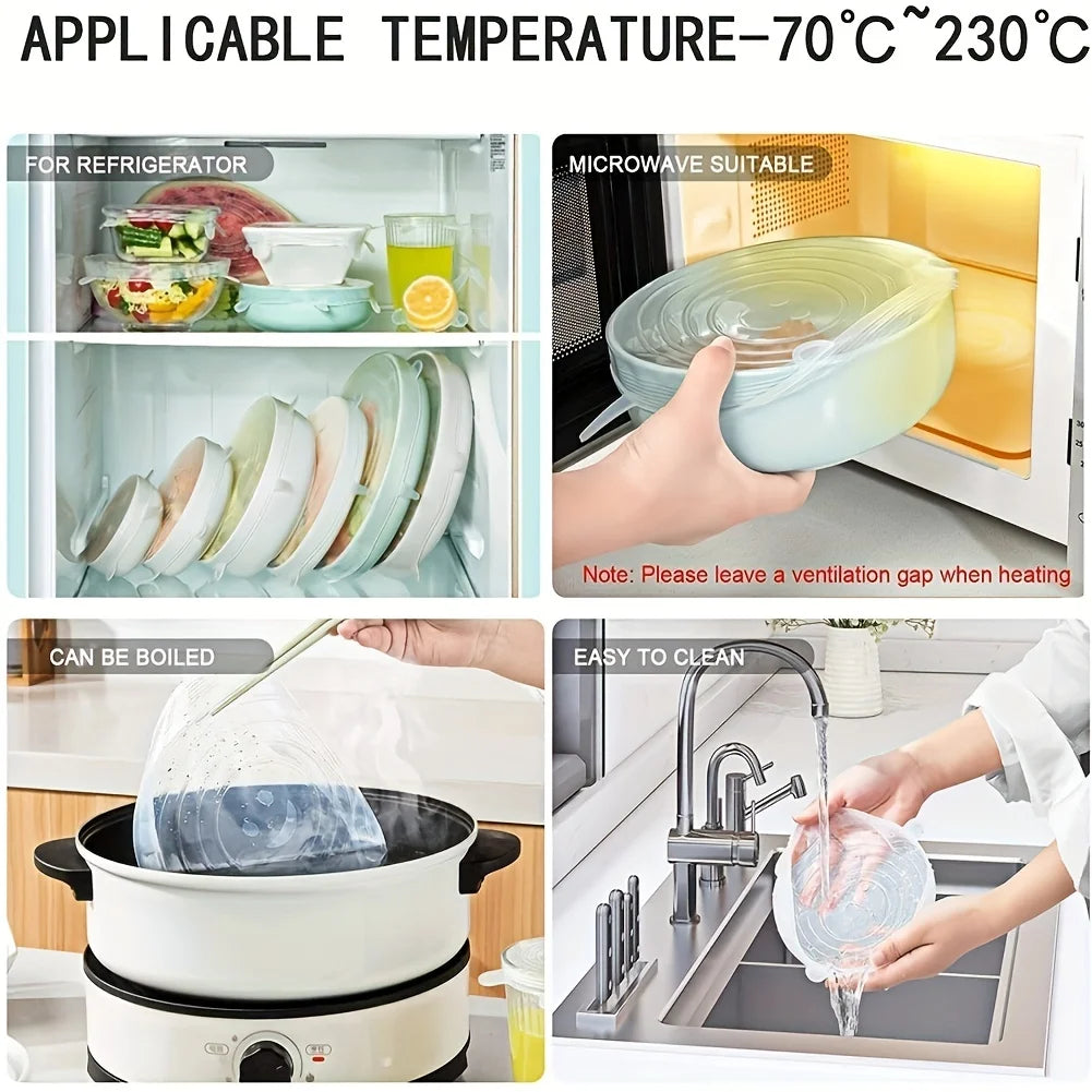 6pcs silicone lid universal fresh-keeping cover round rectangular sealed bowl lid leftover refrigerator cling film set mold