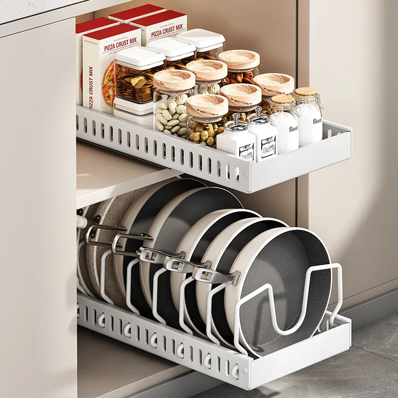 Pots and Pans Organizer Under Cabinet,Sliding Pot Lid Holder and Pan Rack Kitchen,Pull out Pot and Pan Organizer,Dishes Storage