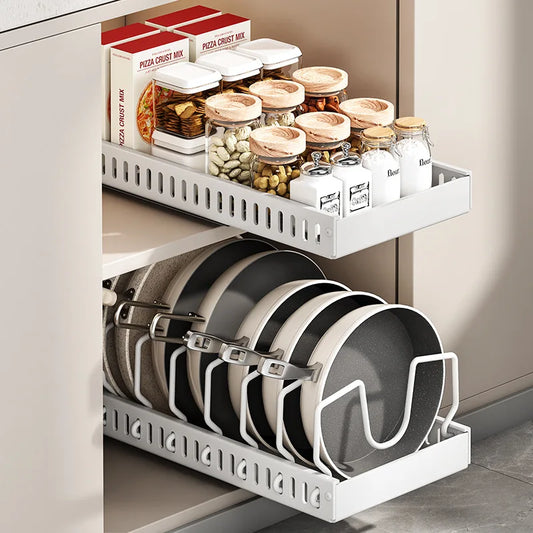 Pots and Pans Organizer Under Cabinet,Sliding Pot Lid Holder and Pan Rack Kitchen,Pull out Pot and Pan Organizer,Dishes Storage