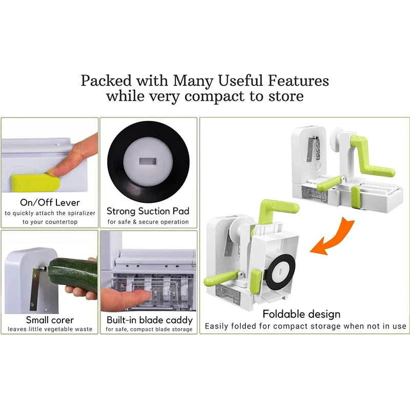 LMETJMA Vegetable Spiralizer Slicer 5 in 1 Rotary Cheese Vegetable Shredder Grater Foldable Veggie Pasta Spaghetti Maker JT319