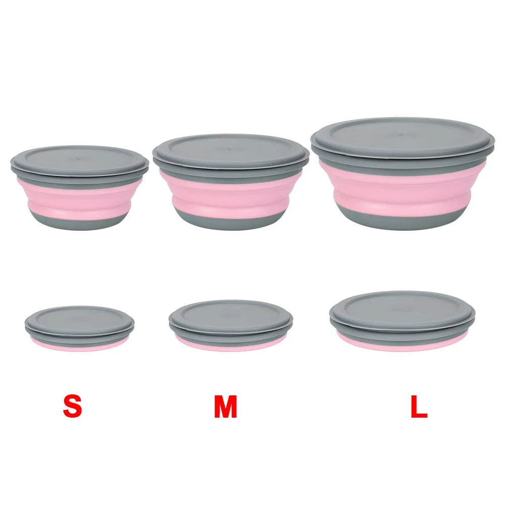 Folding Lunch Box Bowl Sets Silicone 3Pcs/Set Food Container Tableware Set Foldable Salad Bowl with Lid Portable