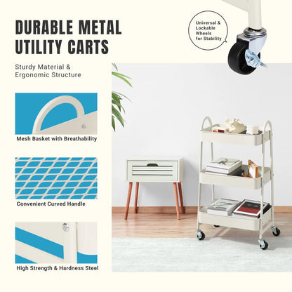 JHK 3-Tier Metal Kitchen Storage Cart with Lockable Wheels – Mobile Rolling Shelving Unit Organizer