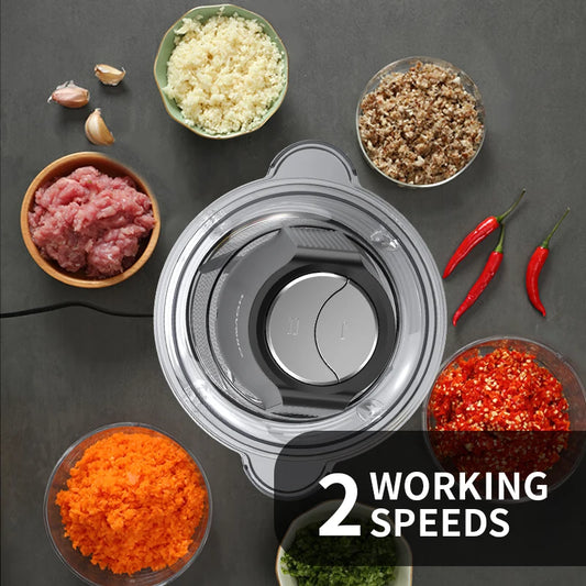 Food Processor, 350W Powerful Meat Grinder, 2L glass bowl 3 Speed Modes 2 Bi-Level Blades for Onion, Meat, Nuts, Frui