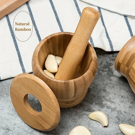 1Set Premium Bamboo Garlic Mortar and Pestle-Effortless Spice Grinder for Garlic,Herbs, and Chili - Rust-resistant Kitchen Tool