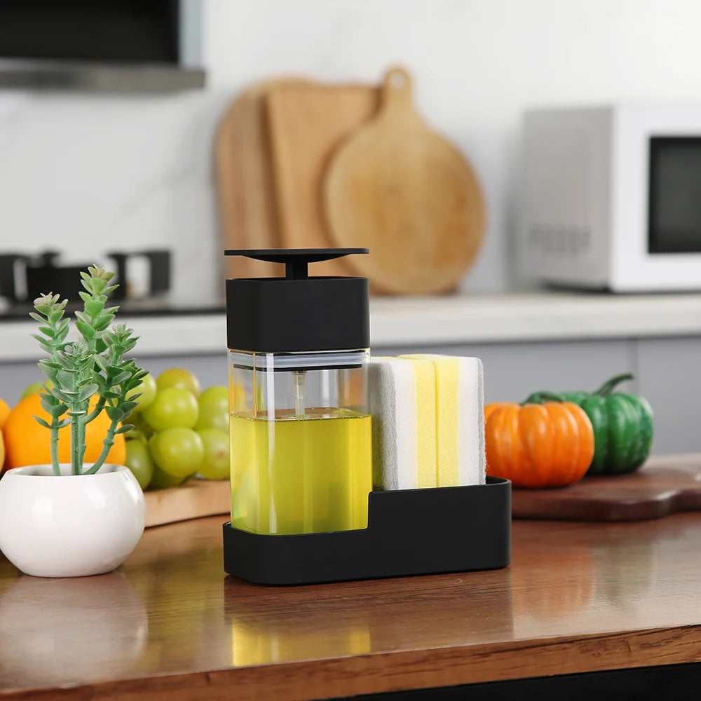 Dish Soap Dispenser Set with Sponge Holder for Kitchen Sink 15oz Clear Bottle with Black Rust Proof Pump Dish Liquid Dispenser
