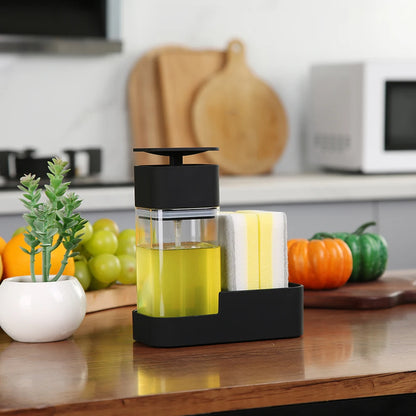 Dish Soap Dispenser Set with Sponge Holder for Kitchen Sink 15oz Clear Bottle with Black Rust Proof Pump Dish Liquid Dispenser