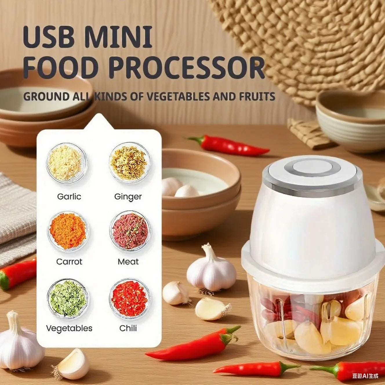 350ml USB Electric Meat Grinder & Food Chopper – Garlic Masher, Vegetable Slicer & Kitchen Blender