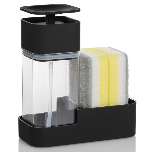 Dish Soap Dispenser Set with Sponge Holder for Kitchen Sink 15oz Clear Bottle with Black Rust Proof Pump Dish Liquid Dispenser