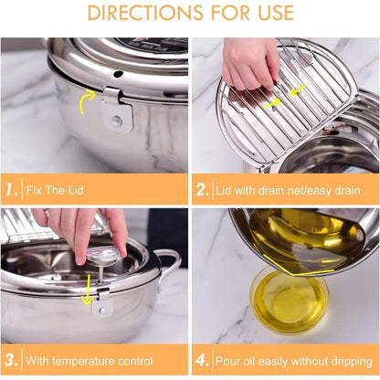 Deep Frying Pot with Thermometer & Drainer Rack – Stainless Steel - Kitchenley