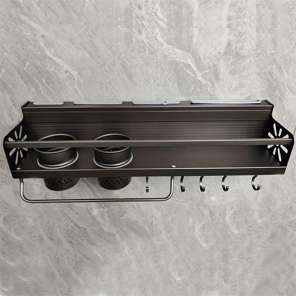 1pc Kitchen Wall-mounted Spice Storage Rack With Hooks, Hanging Tableware & Utensils Holder, Household Space Saving Storage Orga