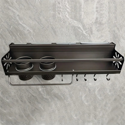 1pc Kitchen Wall-mounted Spice Storage Rack With Hooks, Hanging Tableware & Utensils Holder, Household Space Saving Storage Orga