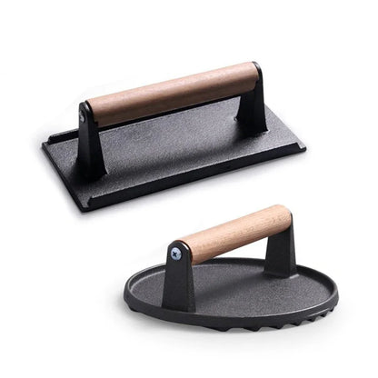 Kitchenley Heavy-Duty Cast Iron Steak & Burger Press – Round & Rectangular Meat Press with Handle for Outdoor Grilling
