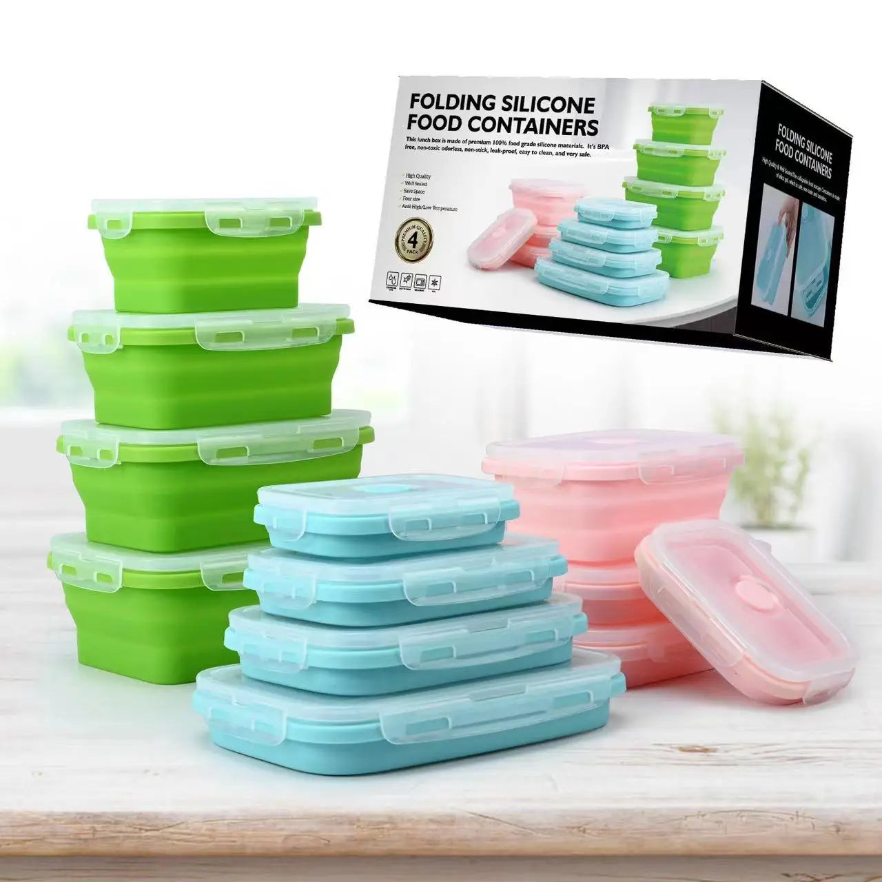 4 Pack Silicon Lunch Box Flat Stacks Collapsible Food Storage Containers With Lids Leftover Meal Box For Kitchen BPA Free