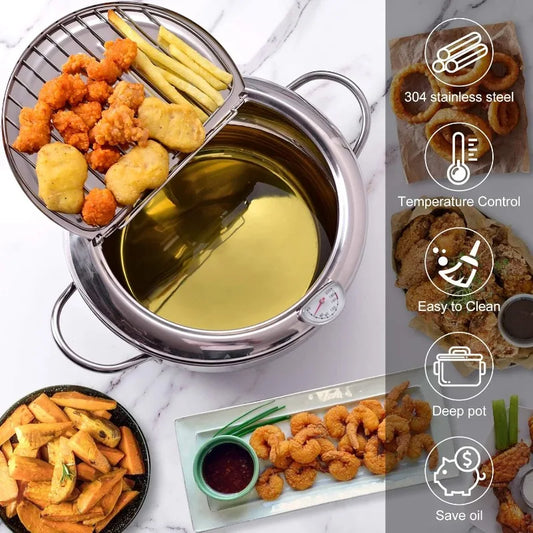 Deep Frying Pot with Thermometer & Drainer Rack – Stainless Steel - Kitchenley