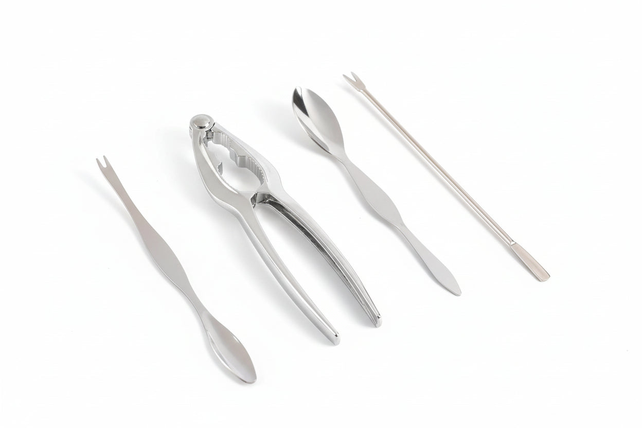 Kitchenley 4-Piece Seafood Tool Set – Crab & Lobster Cracker, Shrimp Pliers, Seafood Fork & Spoon for Shellfish Feasts