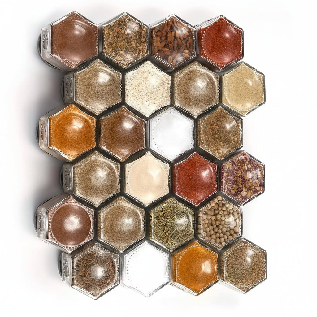 24 Hexagon Magnetic Glass Spice Jars with Shaker Lids & Labels – Kitchen, Fridge & RV Organizer