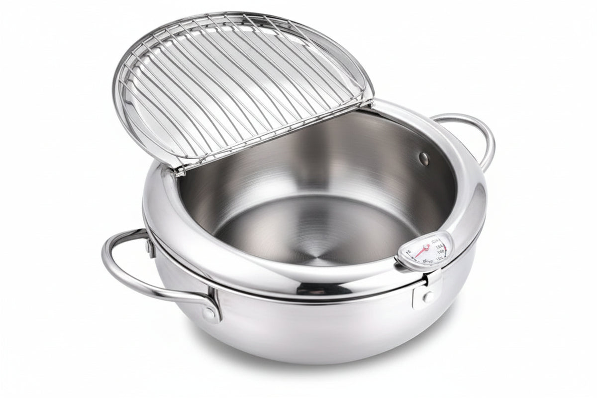 Deep Frying Pot with Thermometer & Drainer Rack – Stainless Steel - Kitchenley