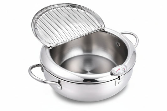 Deep Frying Pot with Thermometer & Drainer Rack – Stainless Steel - Kitchenley