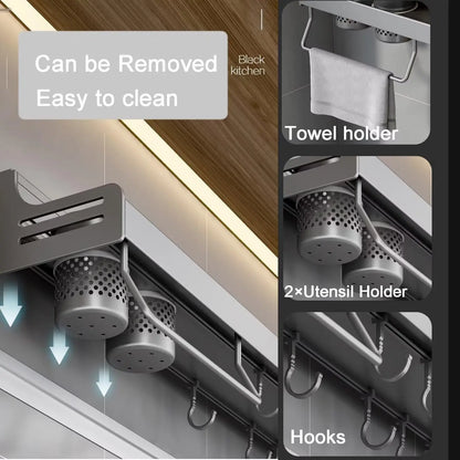 1pc Kitchen Wall-mounted Spice Storage Rack With Hooks, Hanging Tableware & Utensils Holder, Household Space Saving Storage Orga