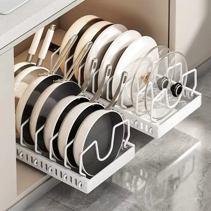 Pots and Pans Organizer Under Cabinet,Sliding Pot Lid Holder and Pan Rack Kitchen,Pull out Pot and Pan Organizer,Dishes Storage