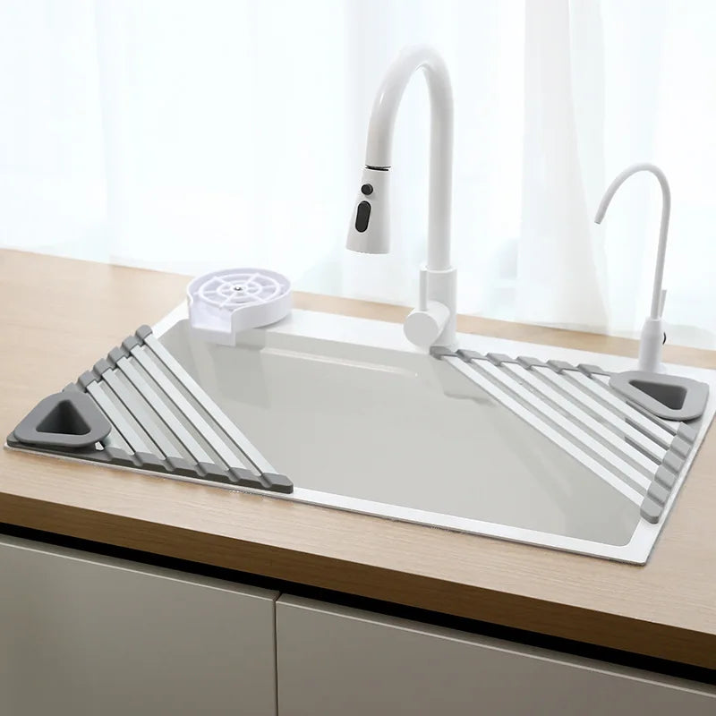 Aluminum Triangle Corner Dish Drying Rack – Roll-Up Folding Sink Drain Basket & Sponge Holder