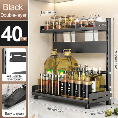 3 Tier Spice Storage Rack for Countertop Adjustable Spice Organization for Cabinet Kitchen Organizer Metal Shelf Black