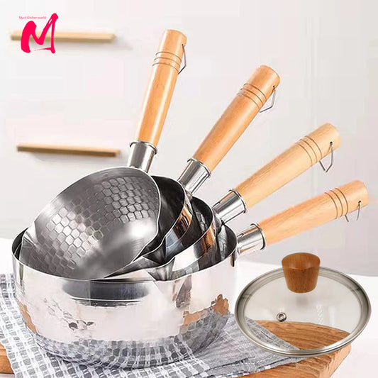 Stainless Steel Saucepan with Lid & Solid Wood Handle – Multipurpose Sauce Pot with Pour Spouts